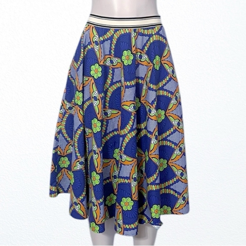 Artsy Graphic niu retro mod floral print midi ALine skirt Blue + Floral SZ M - Picture 2 of 9
